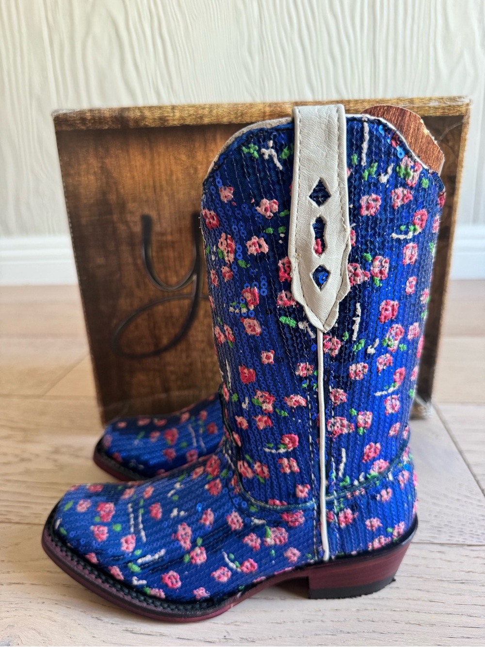 YADIRA Girl's Blue Sequin Floral Cowboy Boots with White Pull Tabs Sz: 12